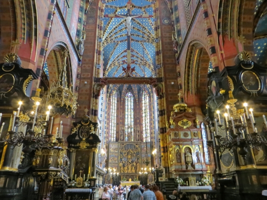 Interior of Saint Mary's Basilica, Krakow, Poland, with Veit Stoss's Saint Mary's Altar in background