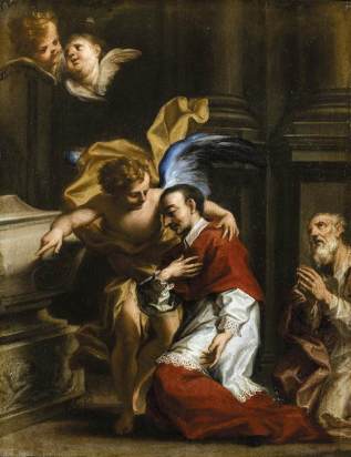 St Carlo Borromeo Tended by an Angel, by Francesco Caccianiga, oil on copper (early 18th century) (courtesy Wikimedia Commons)