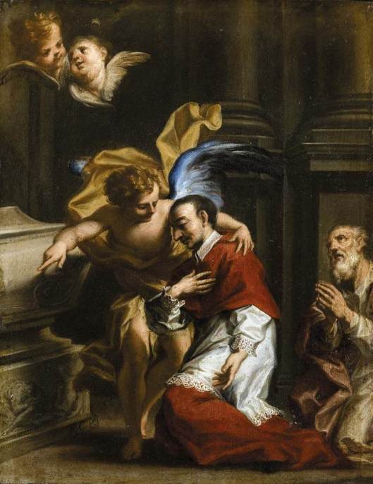 St Carlo Borromeo Tended by an Angel, by Francesco Caccianiga, oil on copper (early 18th century) (courtesy Wikimedia Commons)