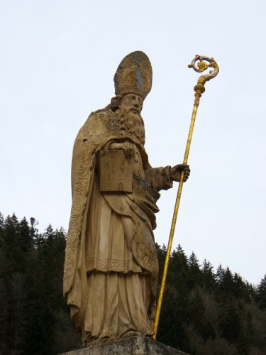 Fountain Statute of Saint Blaise, Domplatz (Cathedral Square), Dom St. Blasien, St. Blasien, Germany.  The statue was carved by Josef Schupp in 1714.  The fountain was designed by Walter Schelenz in 1966.
