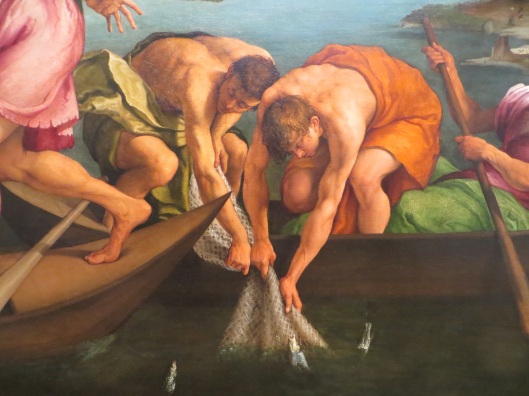 Miraculous Draught of Fishes (detail), Jacopo Bassano, oil on canvas (1545), National Gallery of Art, Washington, DC. Although this painting does not depict Saint Anthony's Sermon to the Fishes, I imagine the fish peeking their heads out of the water as in this painting of the miraculous catch of fish.