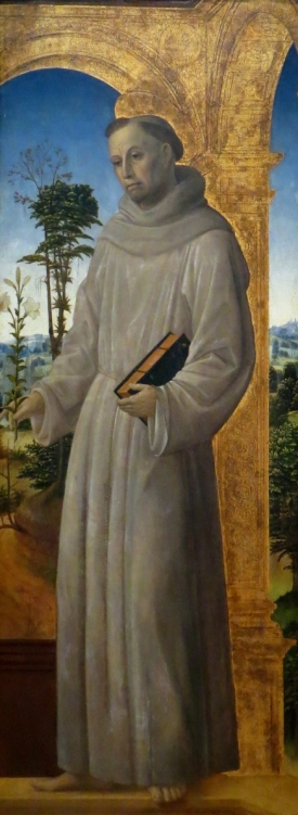 Saint Anthony of Padua, Vincenzo Foppa, oil (?) on panel (1495/1500).  Here, Saint Anthony carries two of his common attributes:  a white lily and a book.