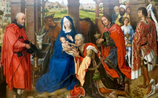 Adoration of the Magi (panel detail), Columba Altarpiece, oil on oak (c. 1455), Alte Pinakothek, Munich, Germany.