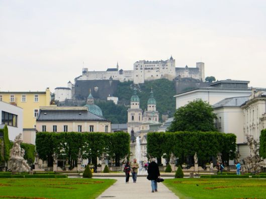 View of Hohensalzburg Castle from Mirabell Palace and Gardens, Salzburg, Austria
