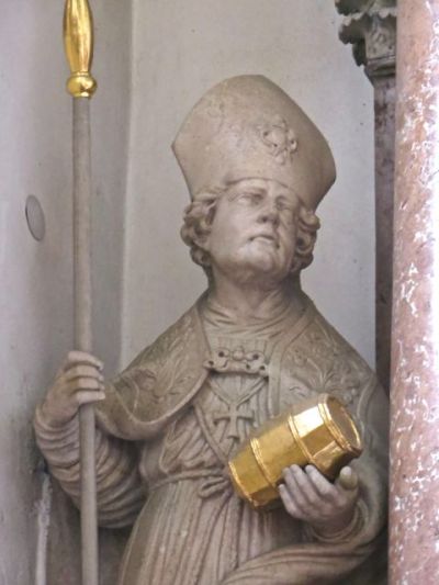Statue of Saint Rupert (detail), Collegiate Church of Saint Peter and Saint John the Baptist (Stiftskirche St. Peter und Johannes der Taüfer), Berchtesgaden, Austria