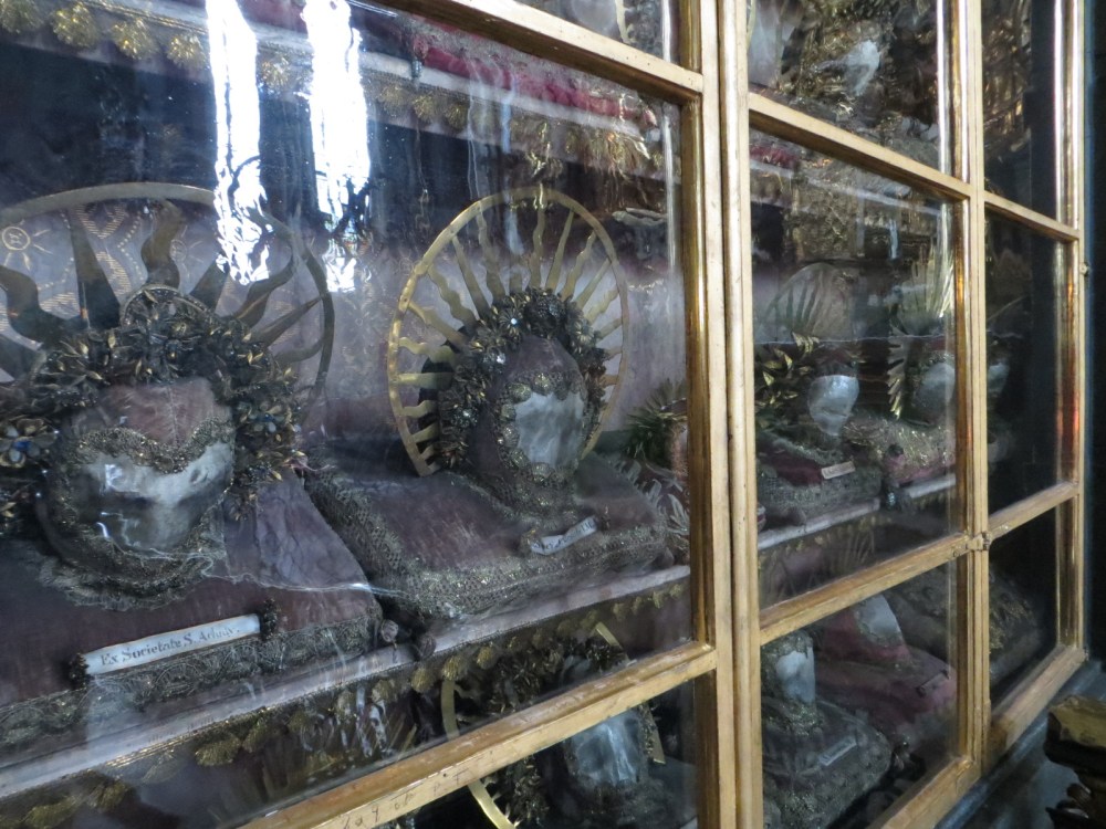 Waldauf Chapel, Pfarrkirche Sankt Nikolaus, Hall in Tirol, Austria. These skulls formed part of the collection of Florian Waldauf. Waldauf donated his collection to the church in 1501.